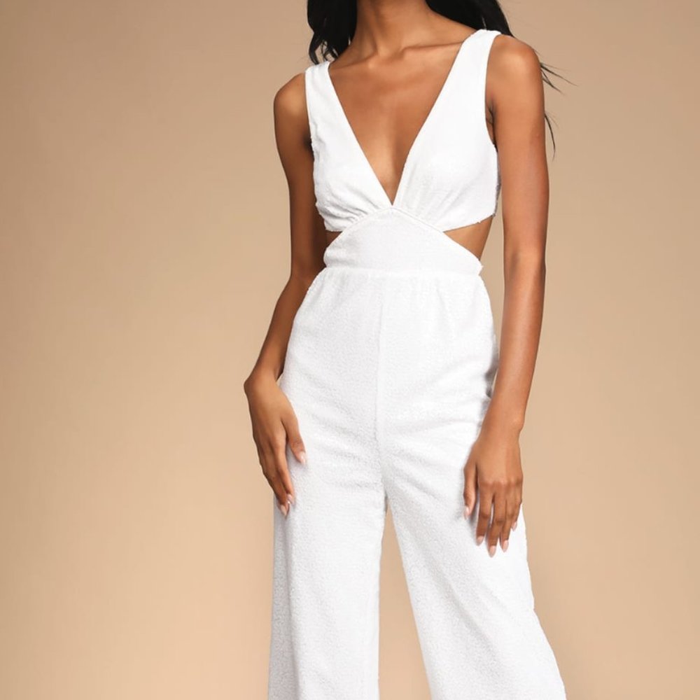 Lulus Effortless Love White Sequin Cutout Wide-Leg Jumpsuit